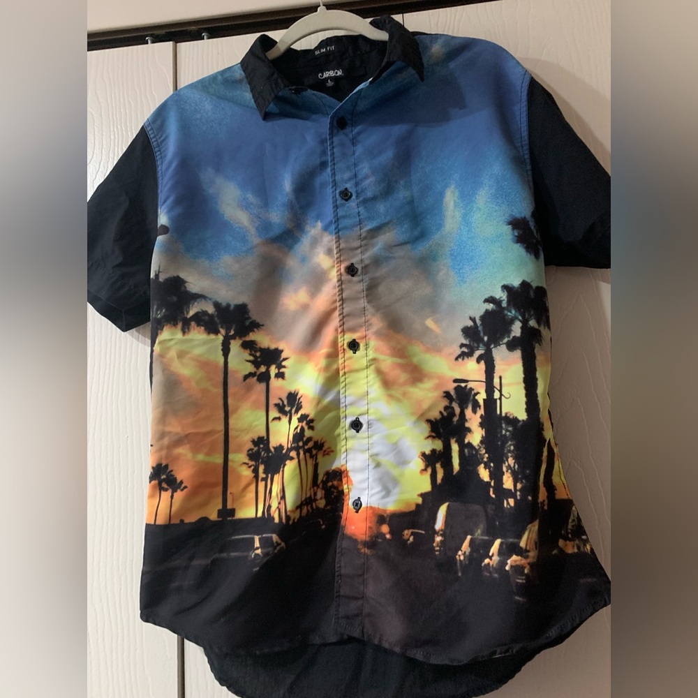 Carbon Sunset Palm Print Button-Down Shirt - Blue/Black/Orange